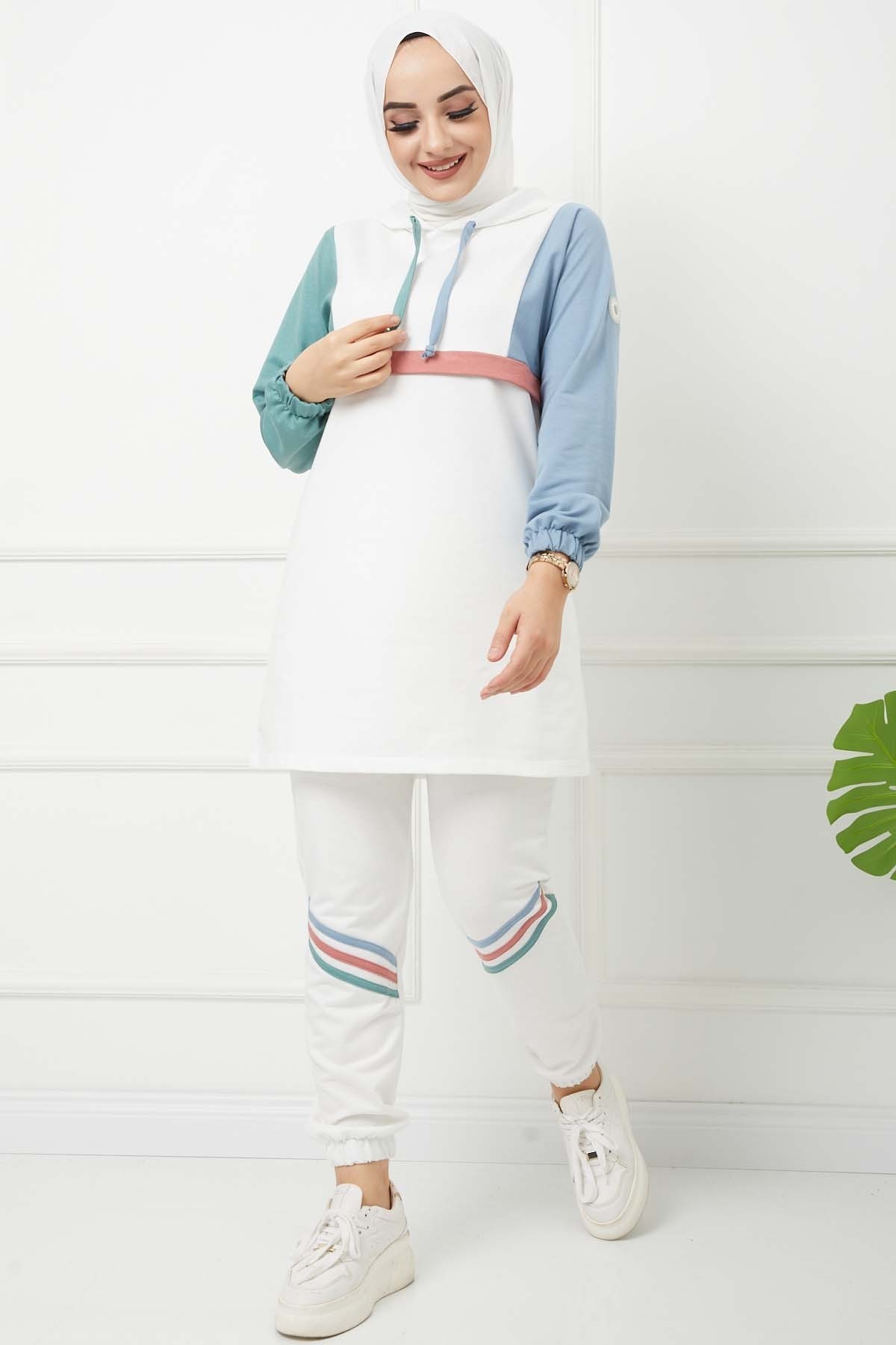 Garnili Şerit Detaylı Takım - Beyaz
