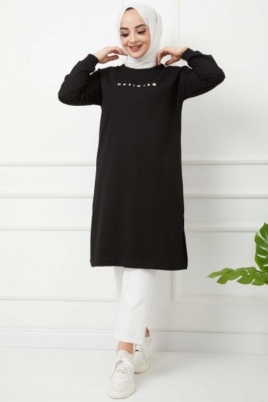 Baskılı Uzun Tunik - Siyah