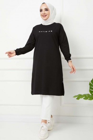 Baskılı Uzun Tunik - Siyah