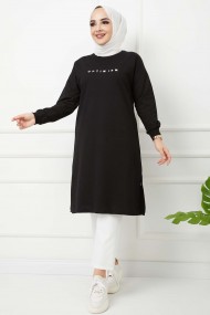 Baskılı Uzun Tunik - Siyah