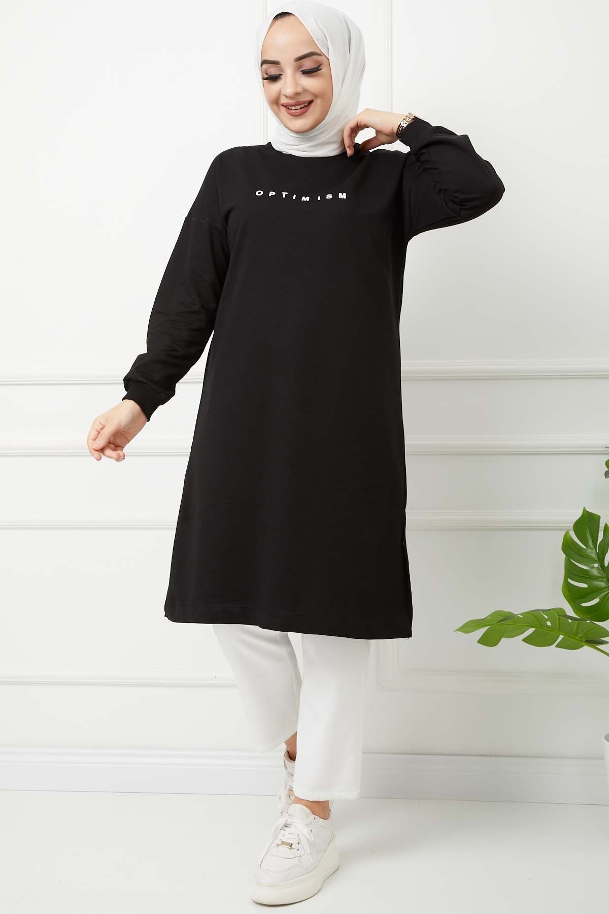 Baskılı Uzun Tunik - Siyah