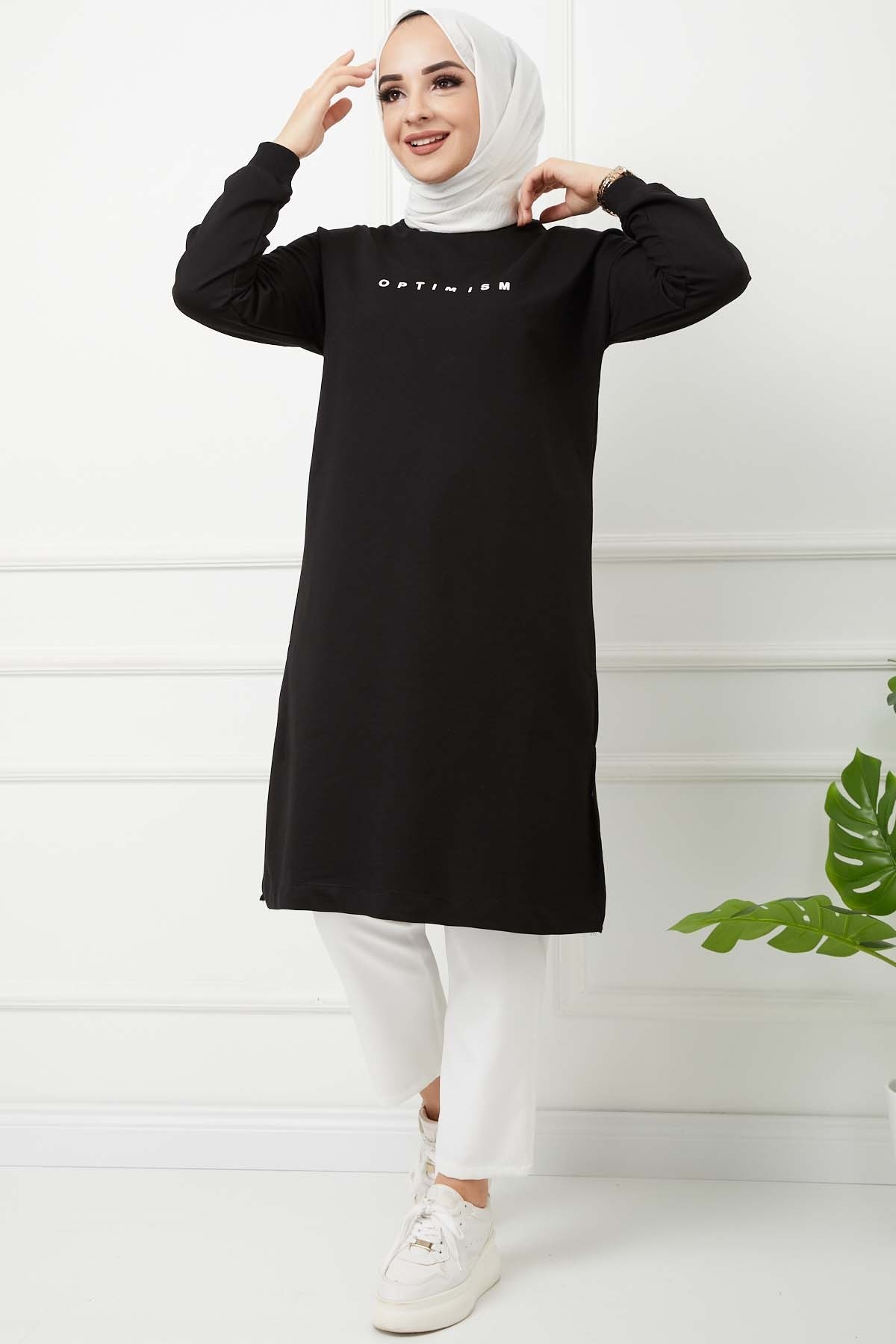 Baskılı Uzun Tunik - Siyah