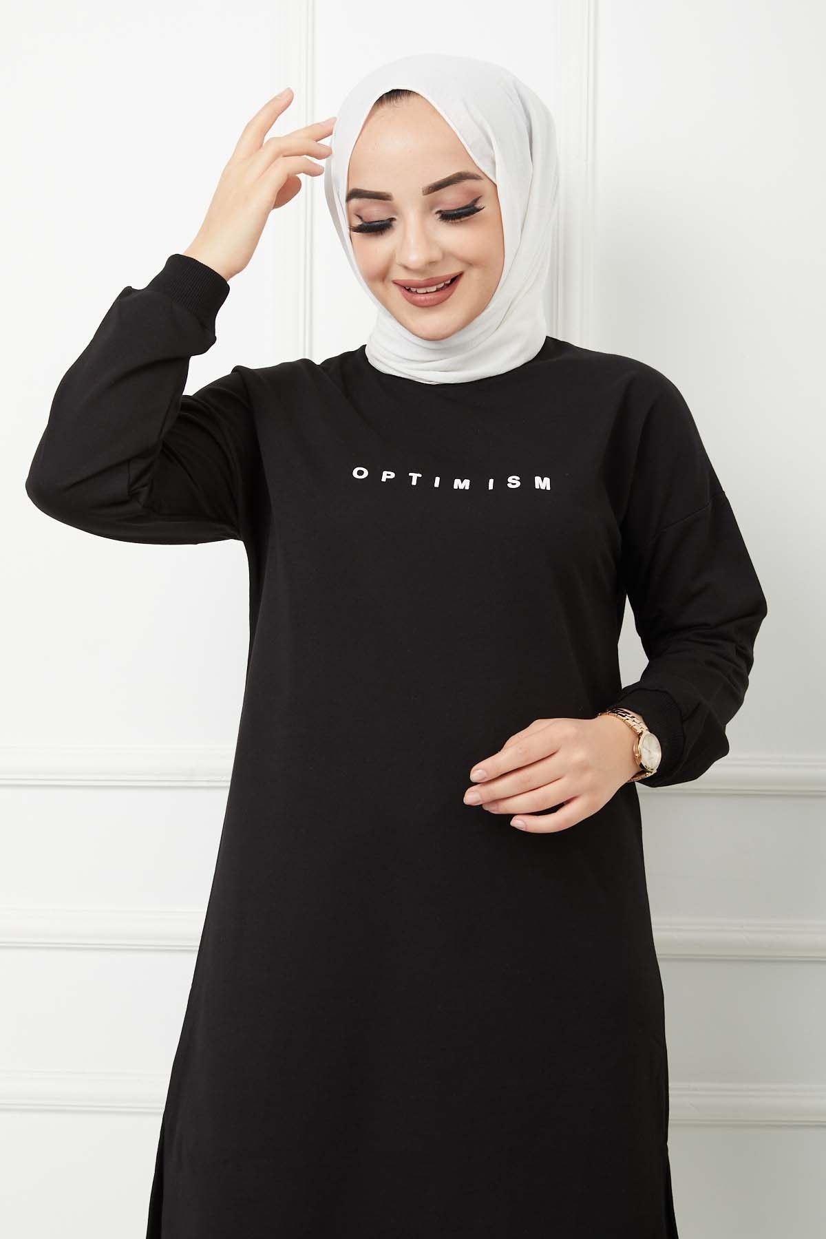 Baskılı Uzun Tunik - Siyah