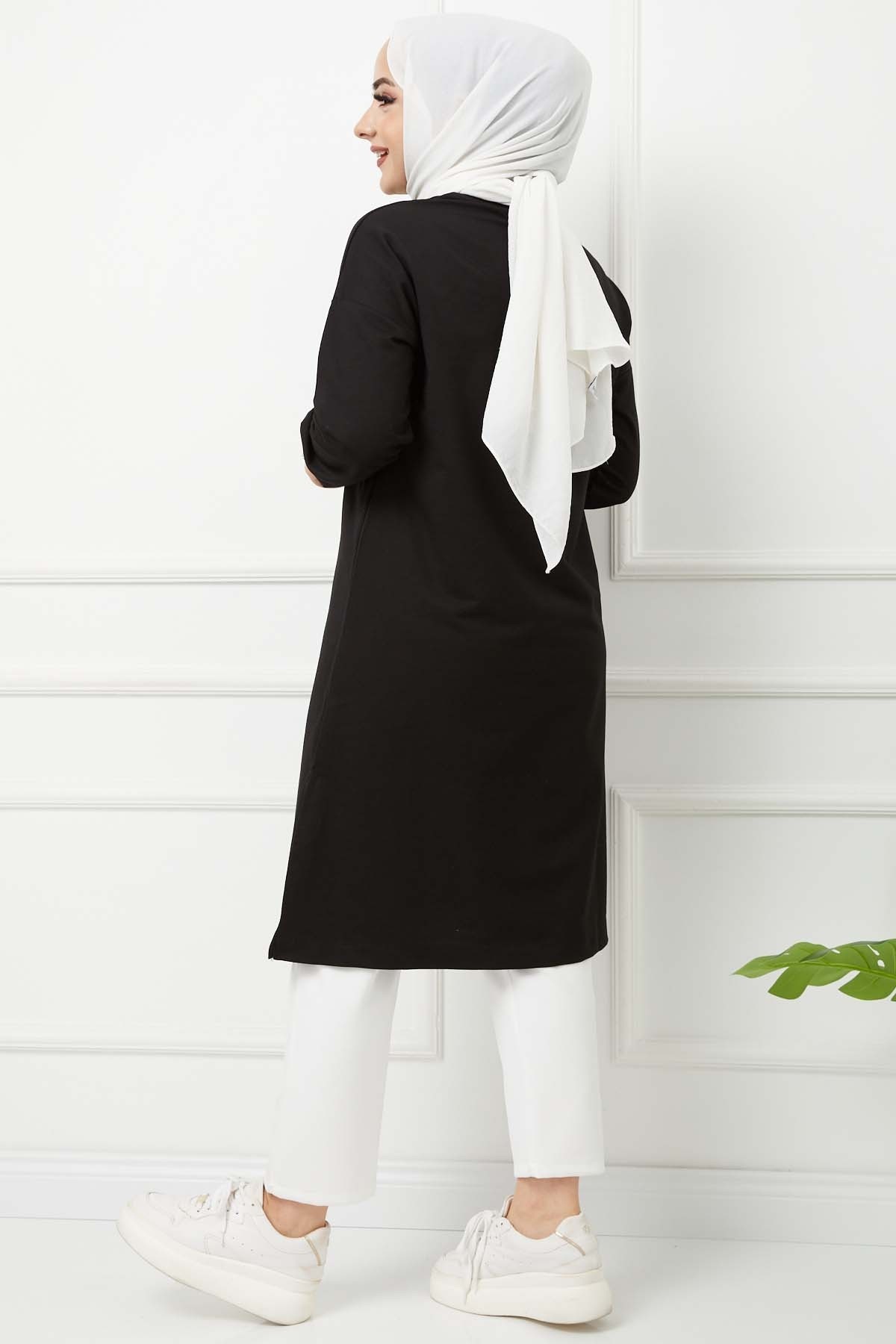 Baskılı Uzun Tunik - Siyah