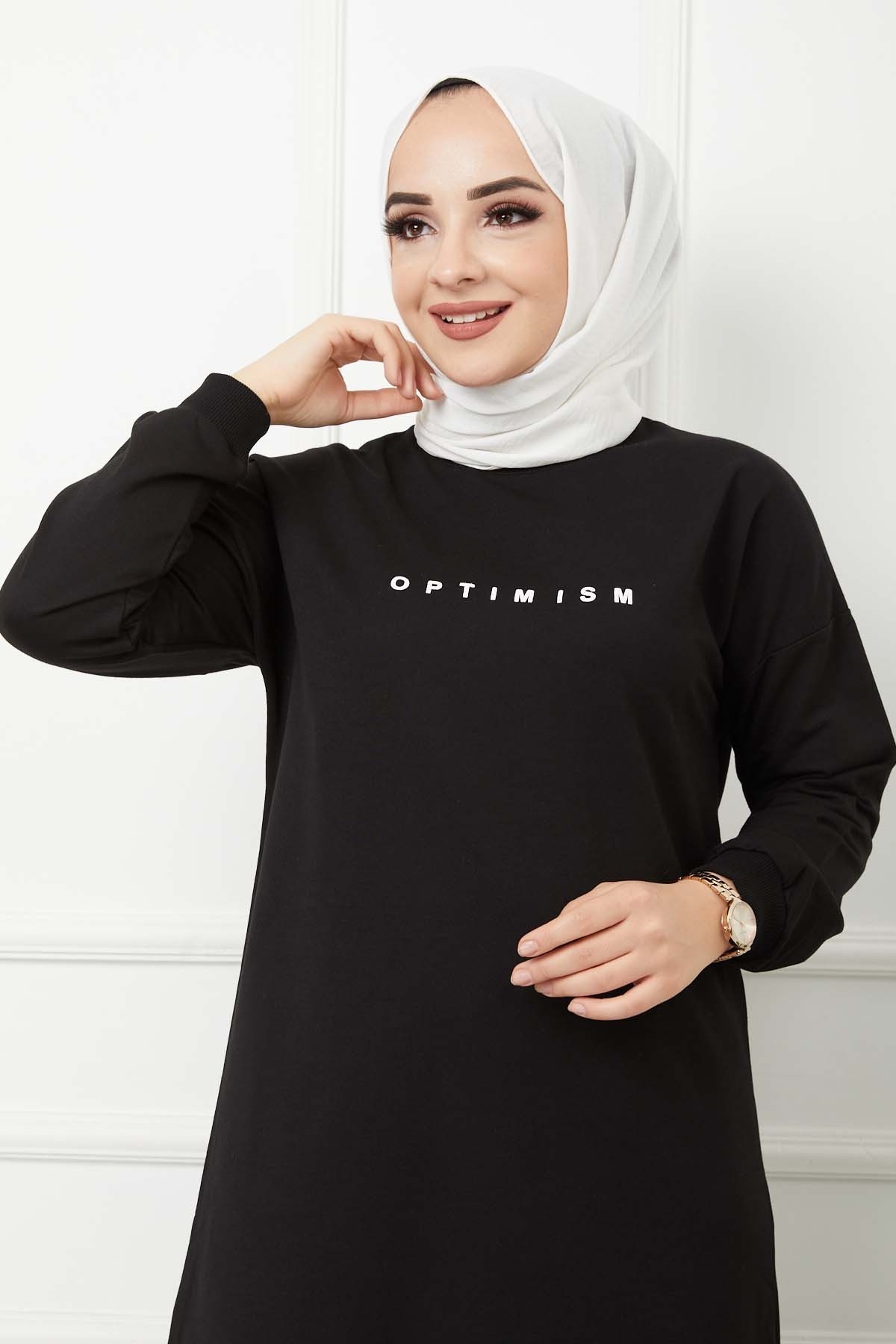 Baskılı Uzun Tunik - Siyah