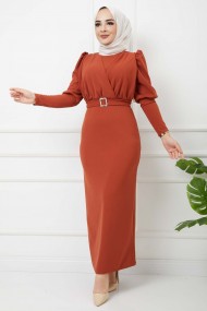 Süper Krep Kemerli Elbise - Kiremit