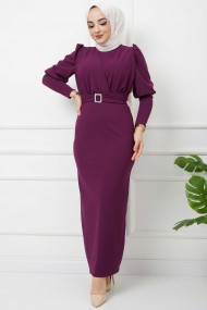 Süper Krep Kemerli Elbise - Mürdüm