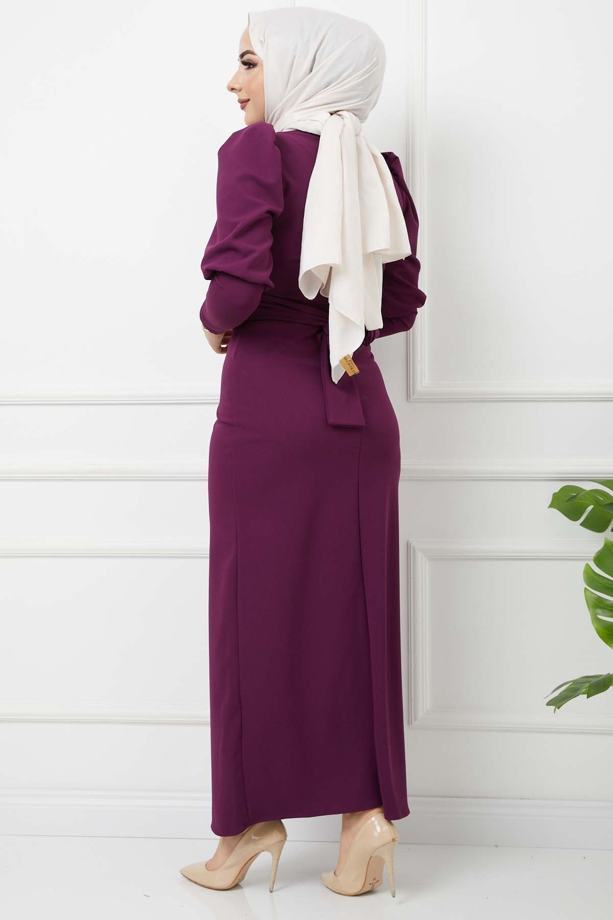 Süper Krep Kemerli Elbise - Mürdüm