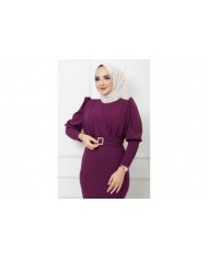 Süper Krep Kemerli Elbise - Mürdüm