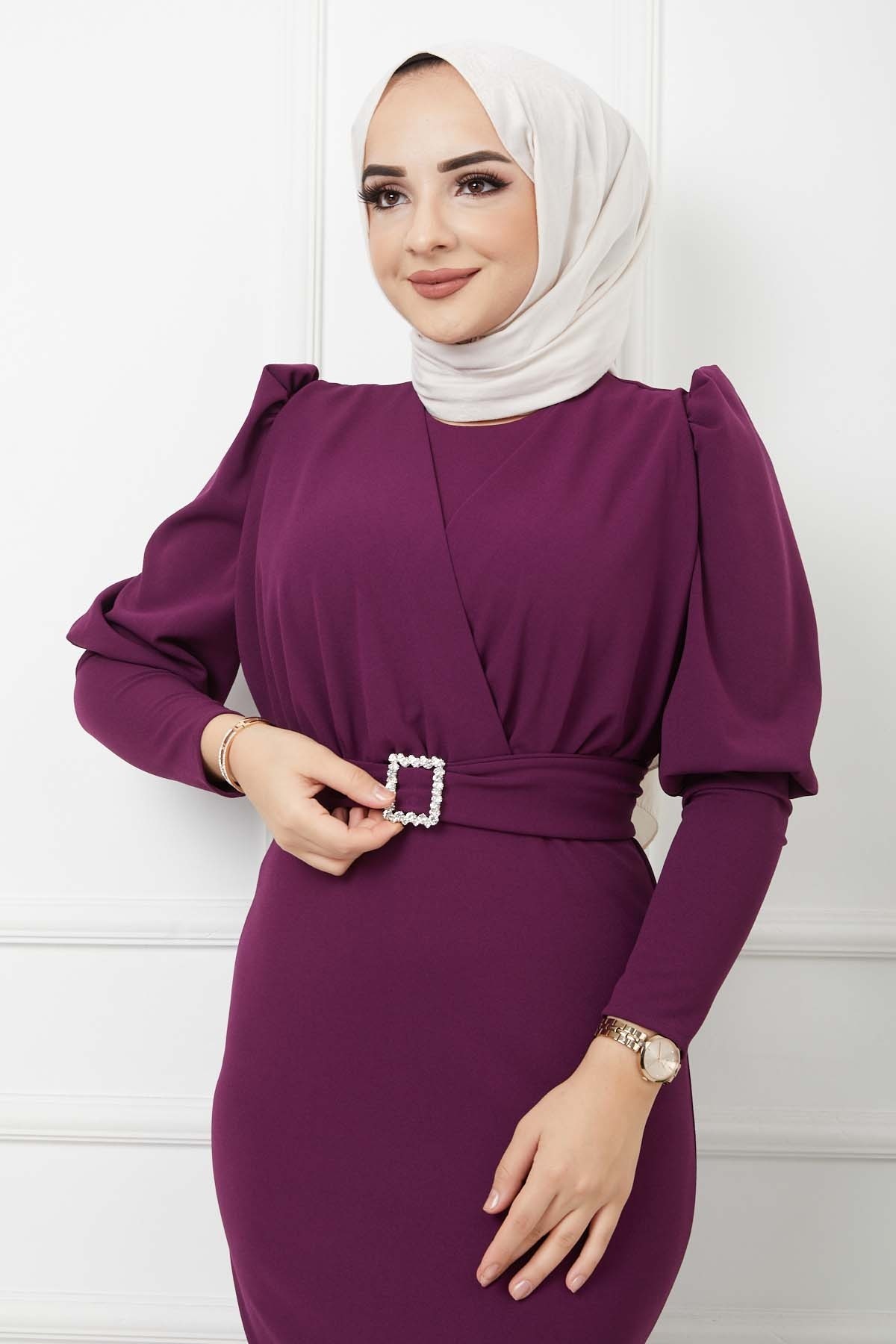 Süper Krep Kemerli Elbise - Mürdüm