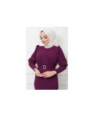 Süper Krep Kemerli Elbise - Mürdüm