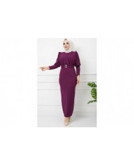 Süper Krep Kemerli Elbise - Mürdüm