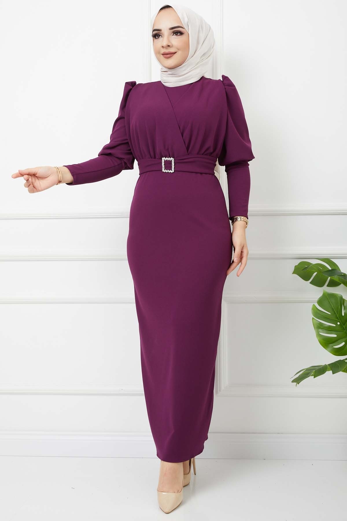 Süper Krep Kemerli Elbise - Mürdüm