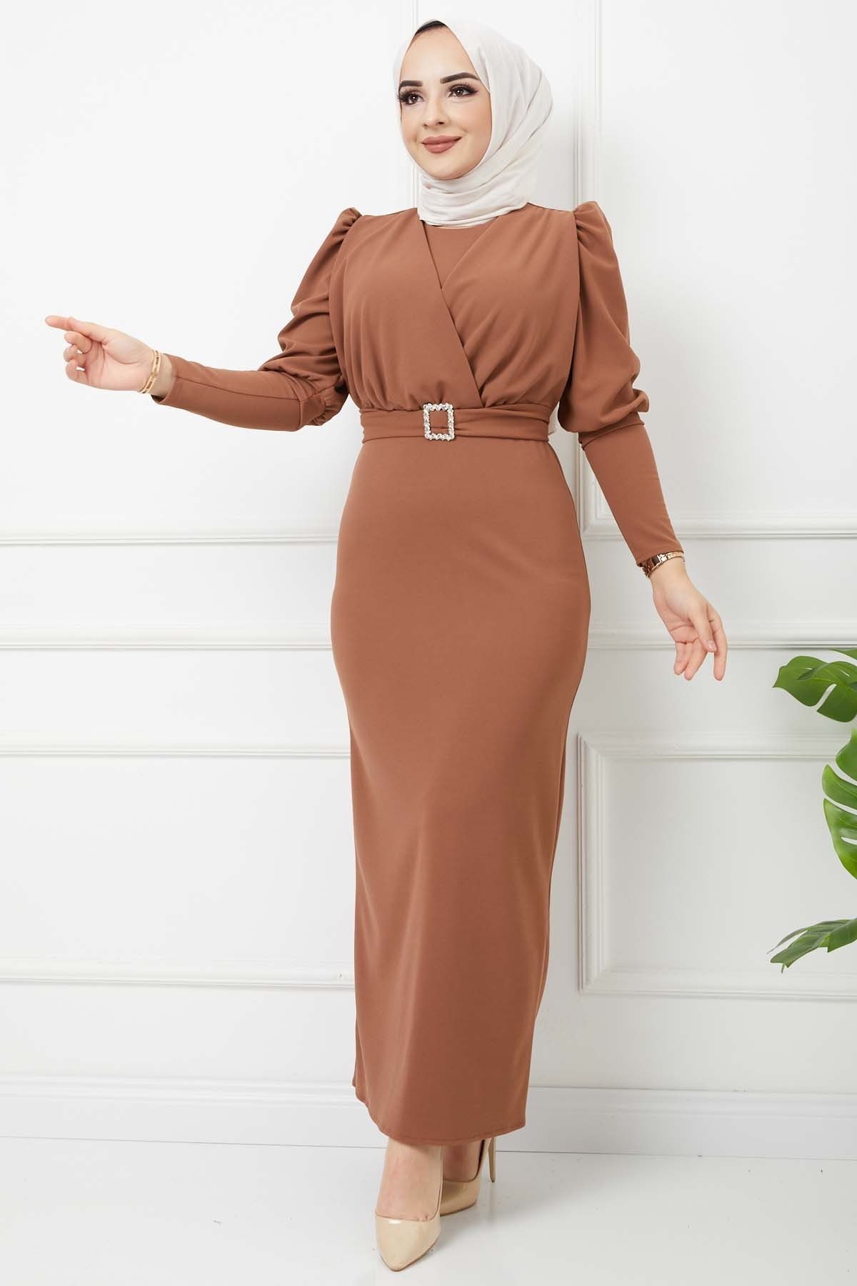 Süper Krep Kemerli Elbise - Bisküvi