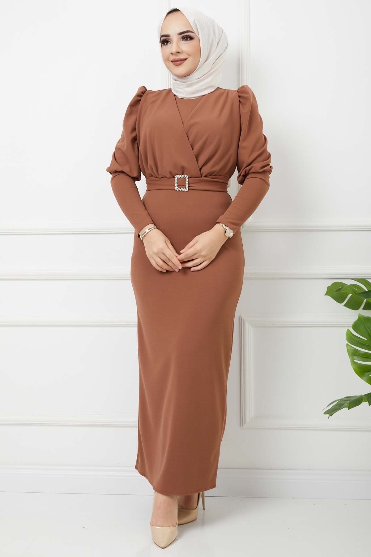 Süper Krep Kemerli Elbise - Bisküvi