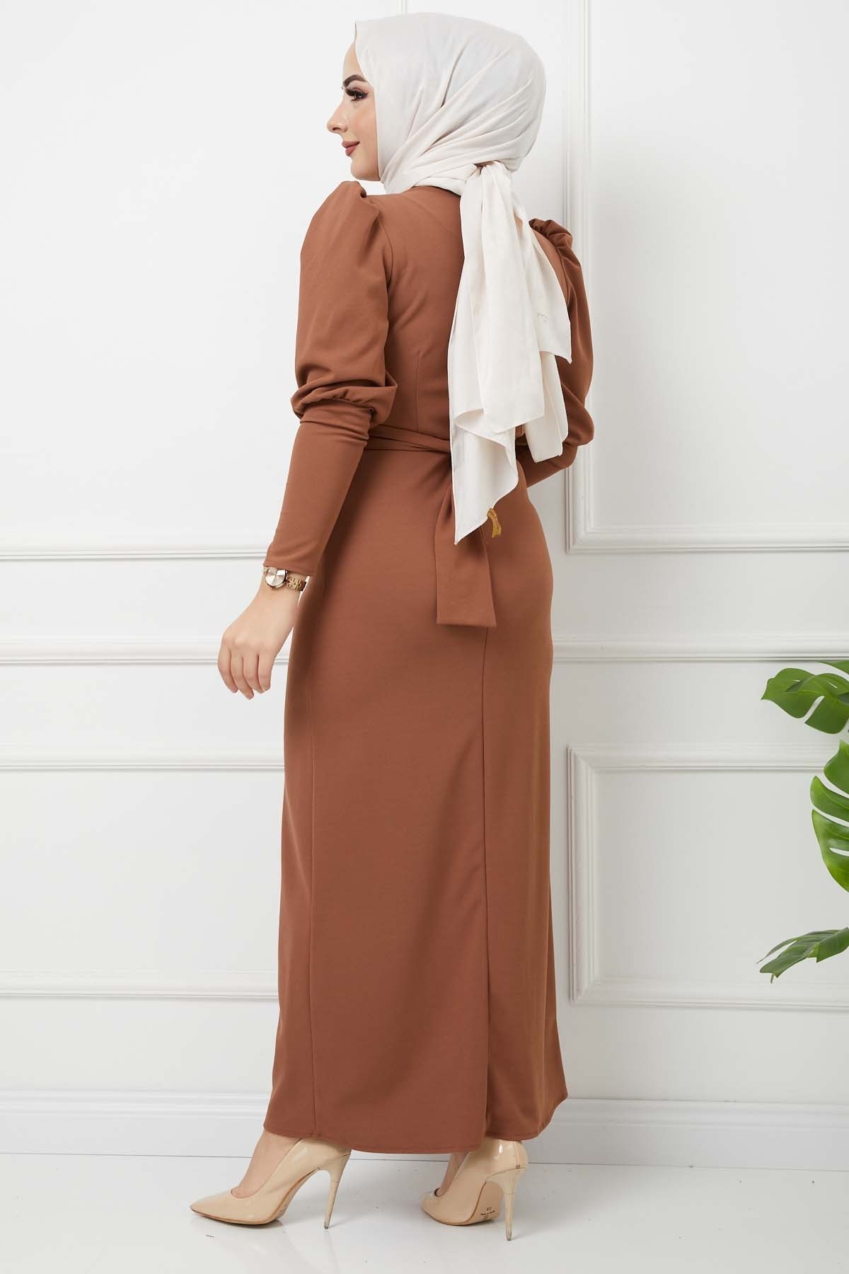 Süper Krep Kemerli Elbise - Bisküvi