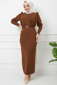 Süper Krep Kemerli Elbise - Kahve
