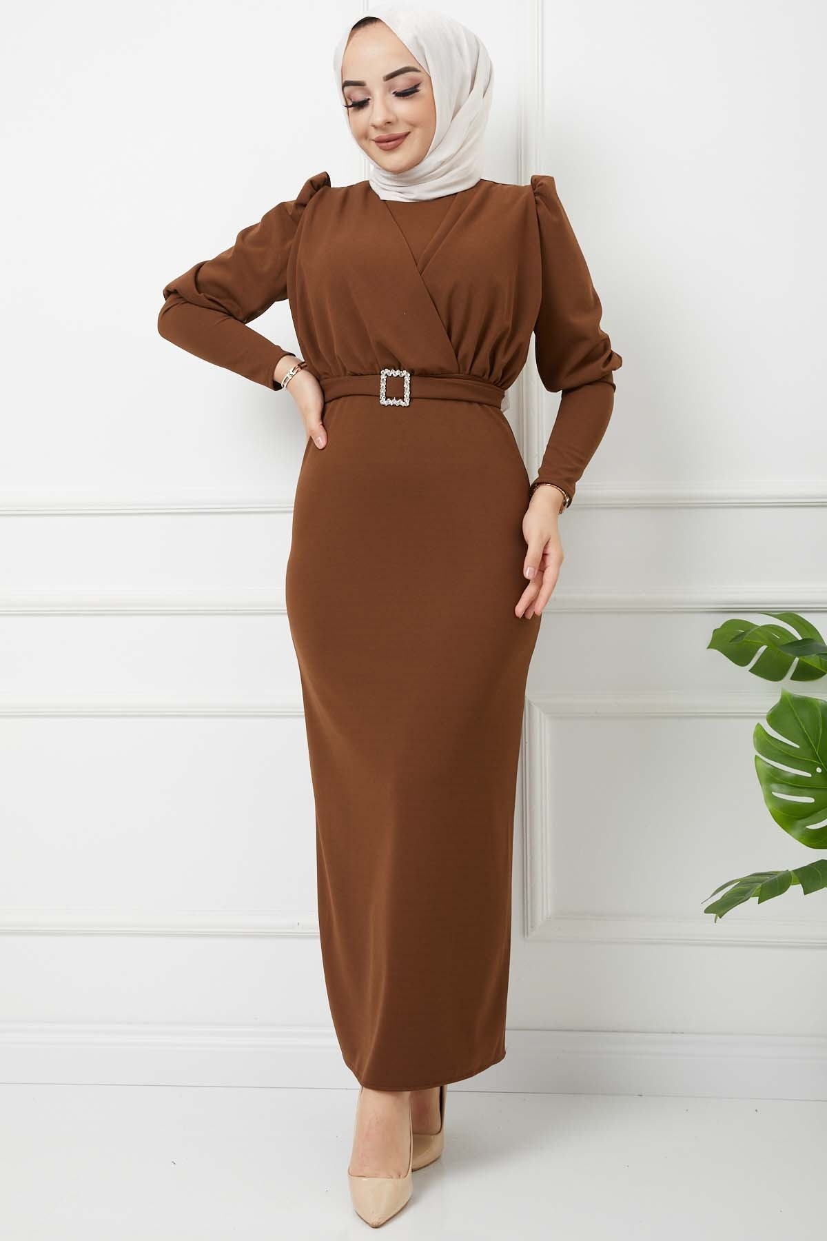 Süper Krep Kemerli Elbise - Kahve
