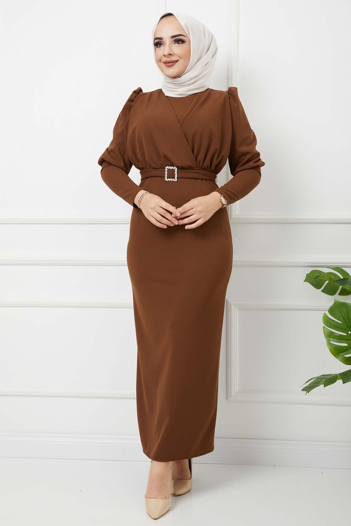 Süper Krep Kemerli Elbise - Kahve