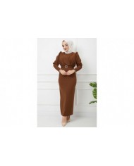 Süper Krep Kemerli Elbise - Kahve