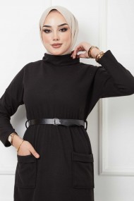 Balıkçı Yaka Kemerli Elbise - Siyah