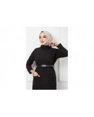 Balıkçı Yaka Kemerli Elbise - Siyah