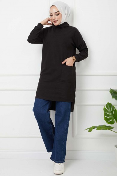 Balıkçı Yaka Cepli Tunik - Siyah