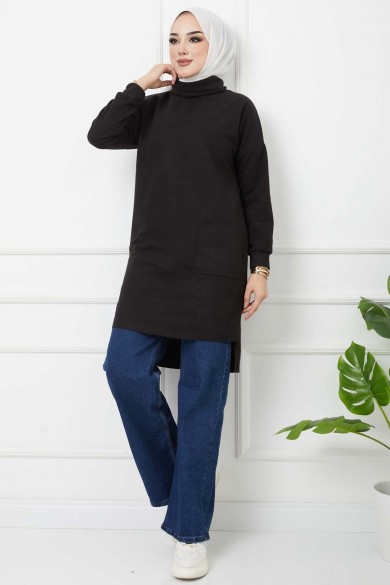 Balıkçı Yaka Cepli Tunik - Siyah