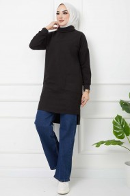 Balıkçı Yaka Cepli Tunik - Siyah