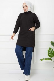 Balıkçı Yaka Cepli Tunik - Siyah
