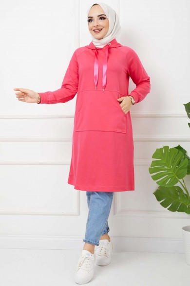 Kapüşonlu Kanguru Cep Tunik - Fuşya