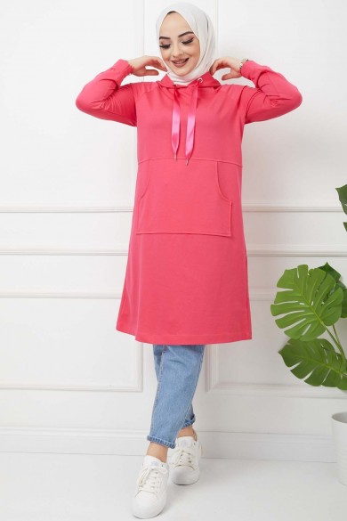 Kapüşonlu Kanguru Cep Tunik - Fuşya