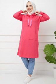 Kapüşonlu Kanguru Cep Tunik - Fuşya