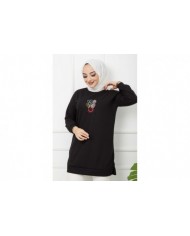 Skulent İşlemeli Tunik - Siyah