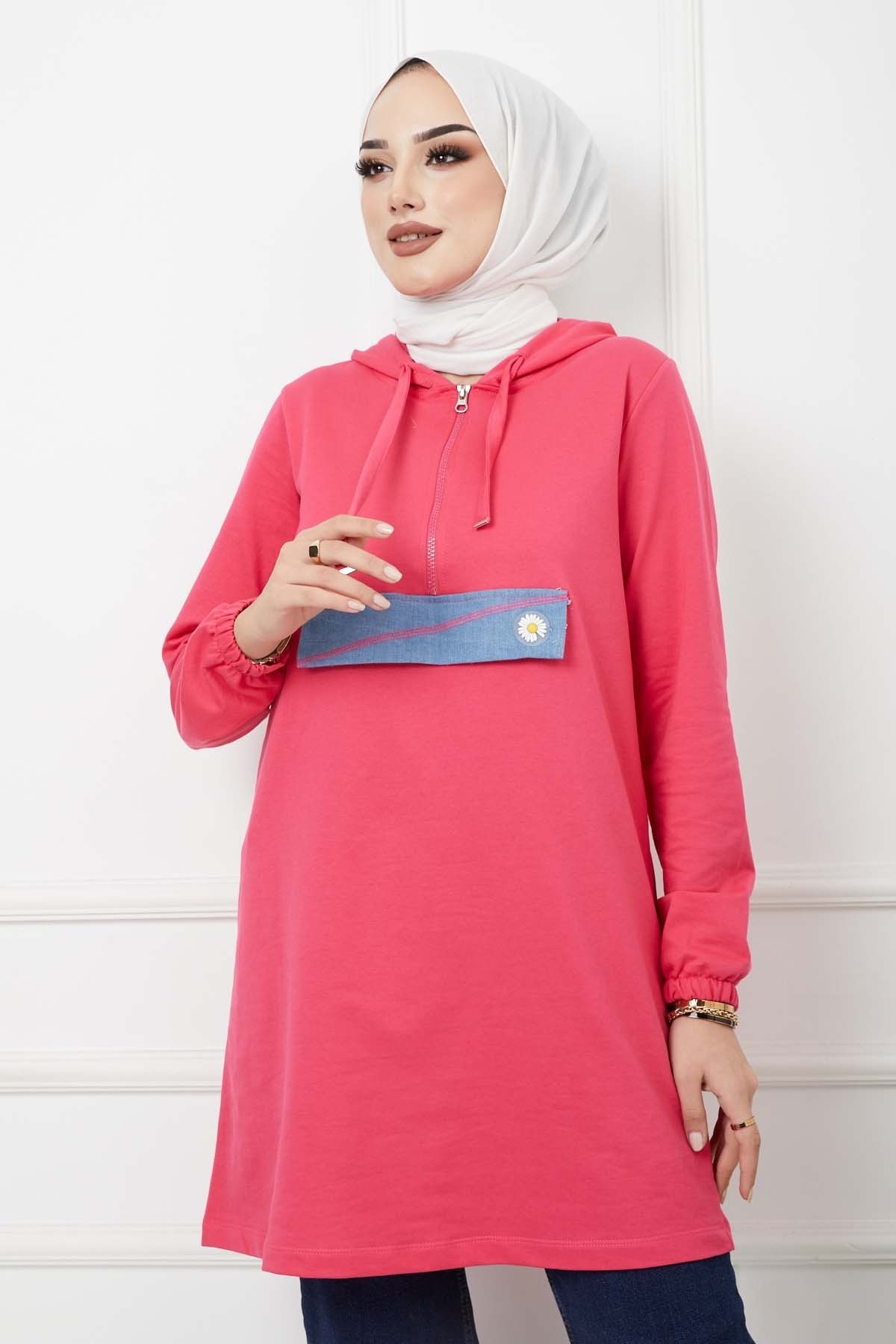 Fermuarlı Kapüşonlu Tunik - Fuşya