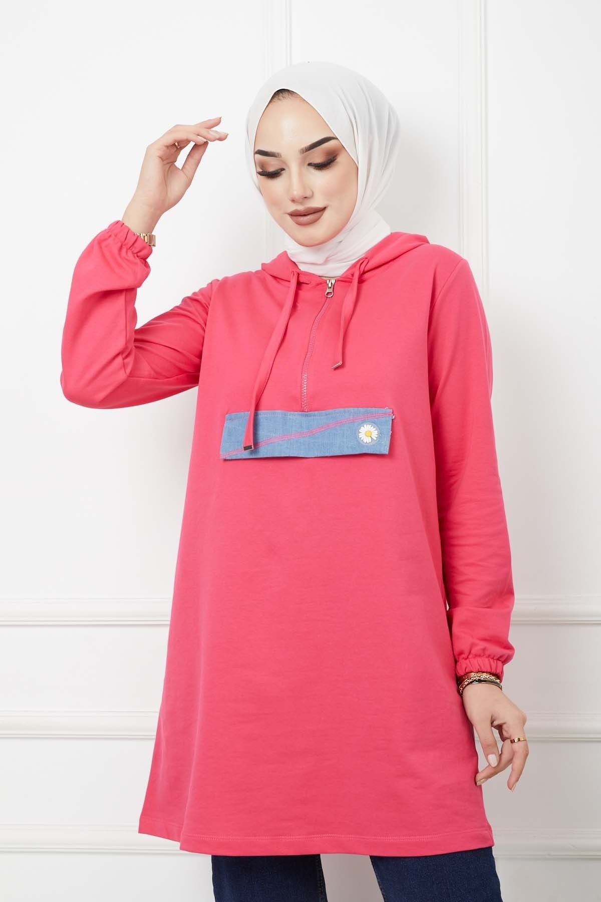 Fermuarlı Kapüşonlu Tunik - Fuşya