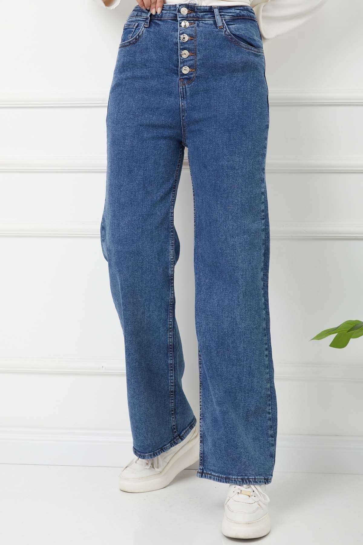 Düğme Detayalı İspanyol Paça Kot Pantolon - Buz Mavi Düğme Detayalı İspanyol Paça Kot Pantolon - Buz Mavi