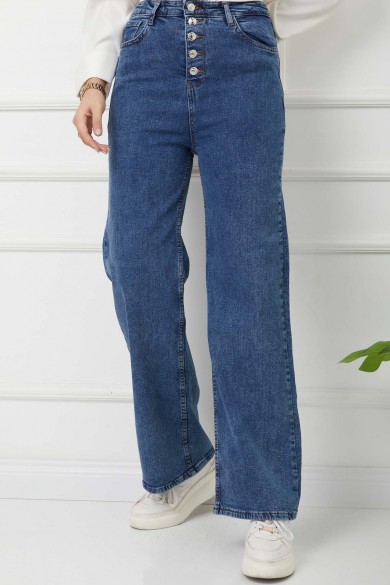 Düğme Detayalı İspanyol Paça Kot Pantolon - Buz Mavi