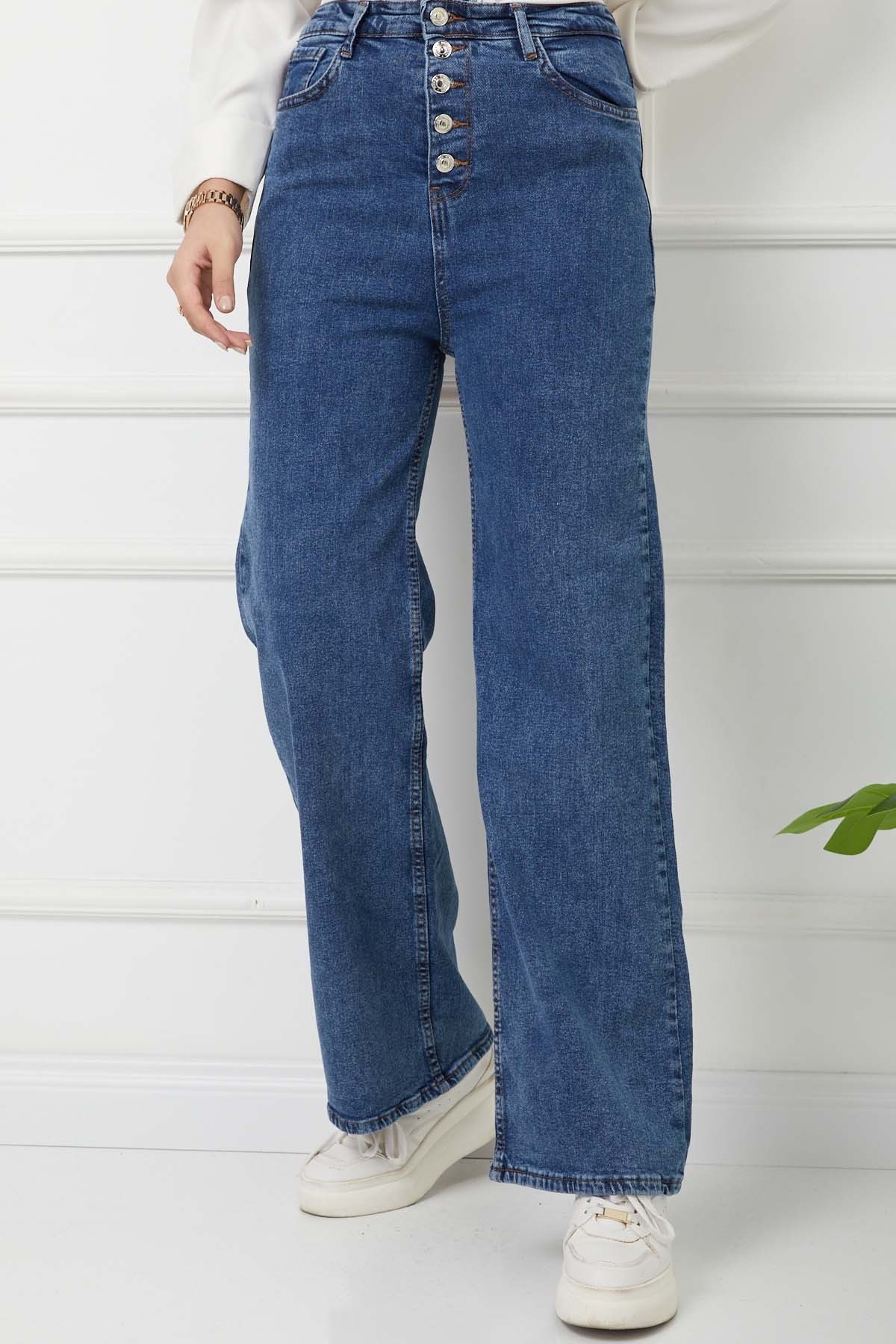 Düğme Detayalı İspanyol Paça Kot Pantolon - Buz Mavi Düğme Detayalı İspanyol Paça Kot Pantolon - Buz Mavi