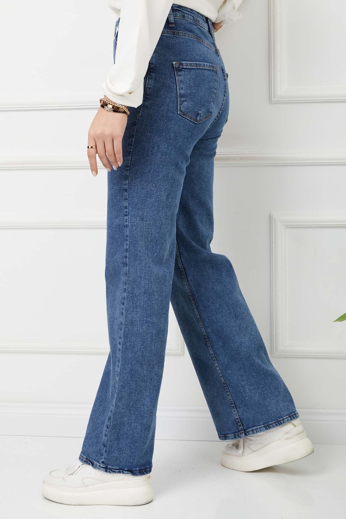 Düğme Detayalı İspanyol Paça Kot Pantolon - Buz Mavi