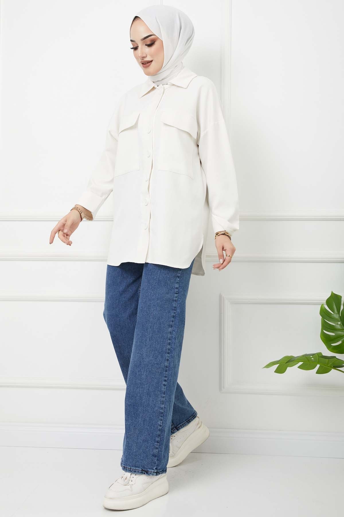 Düğme Detayalı İspanyol Paça Kot Pantolon - Buz Mavi