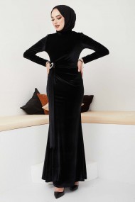 Kemerli Kadife Abiye - Siyah