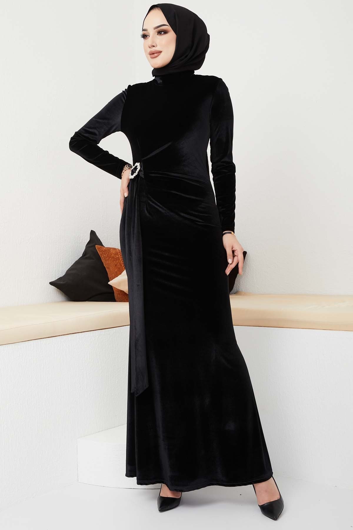 Kemerli Kadife Abiye - Siyah