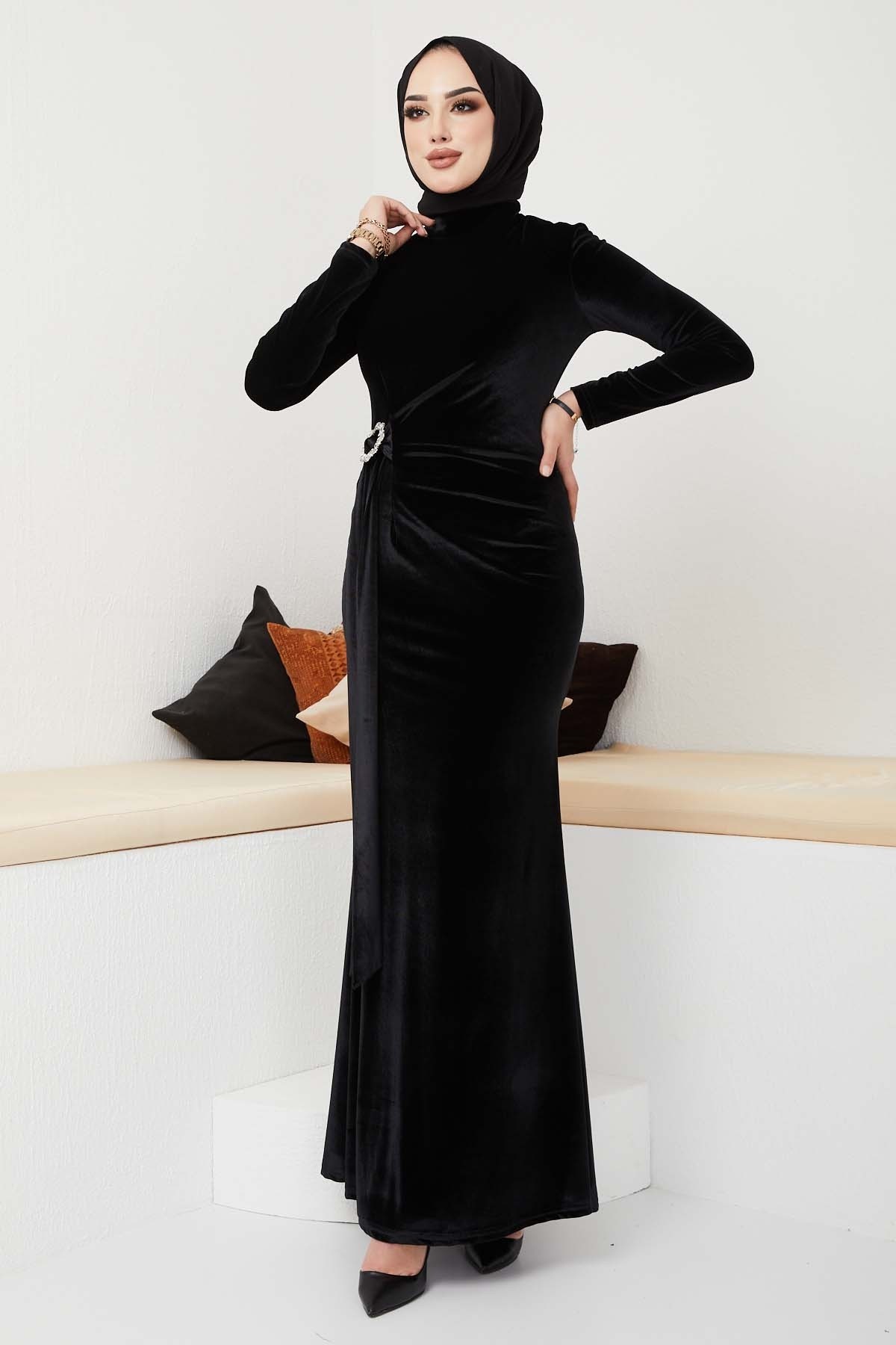 Kemerli Kadife Abiye - Siyah