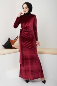 Kemerli Kadife Abiye - Bordo