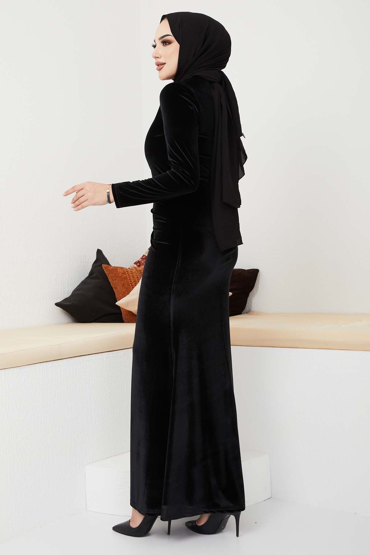 Kemerli Kadife Abiye - Siyah