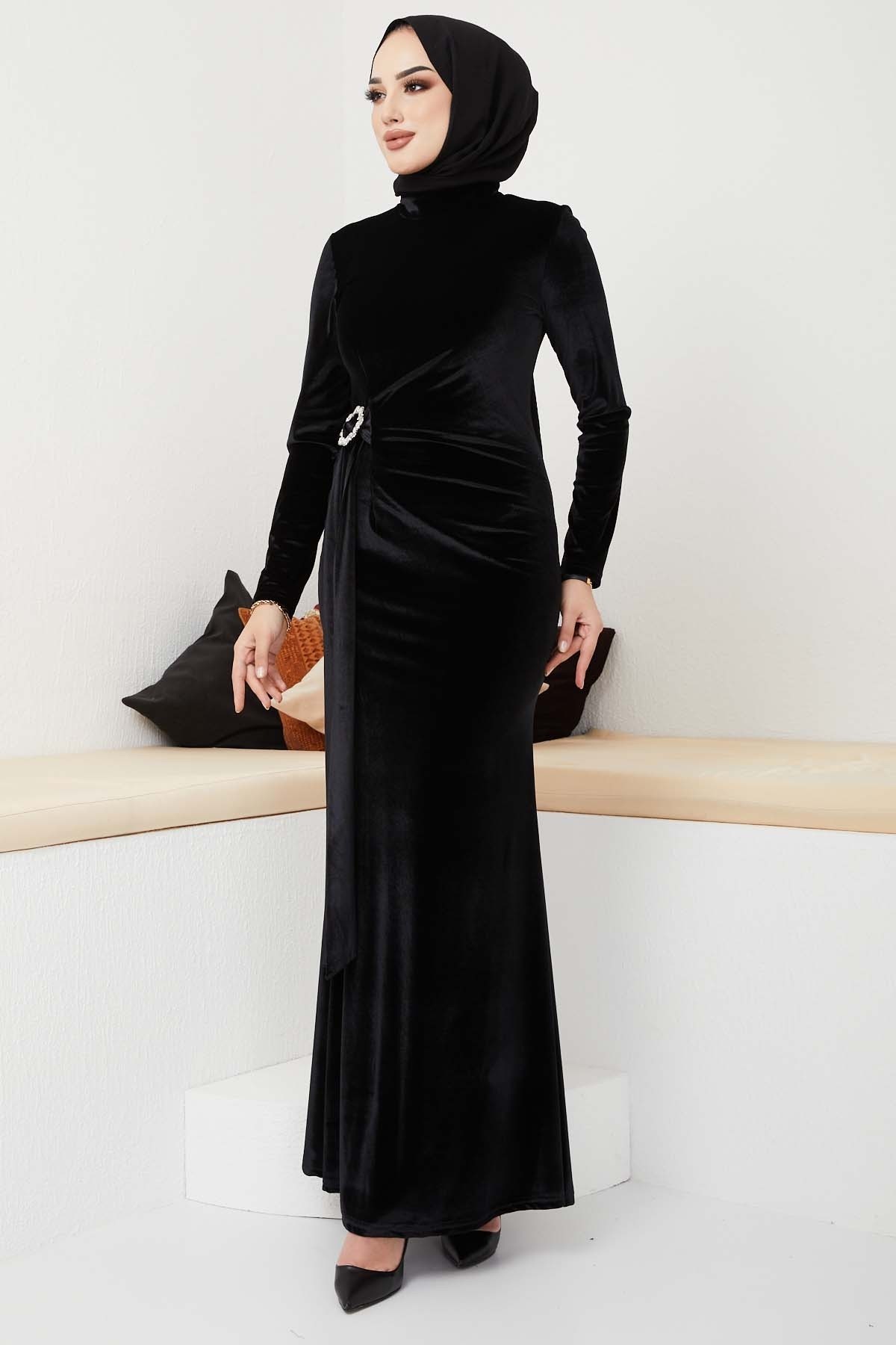 Kemerli Kadife Abiye - Siyah