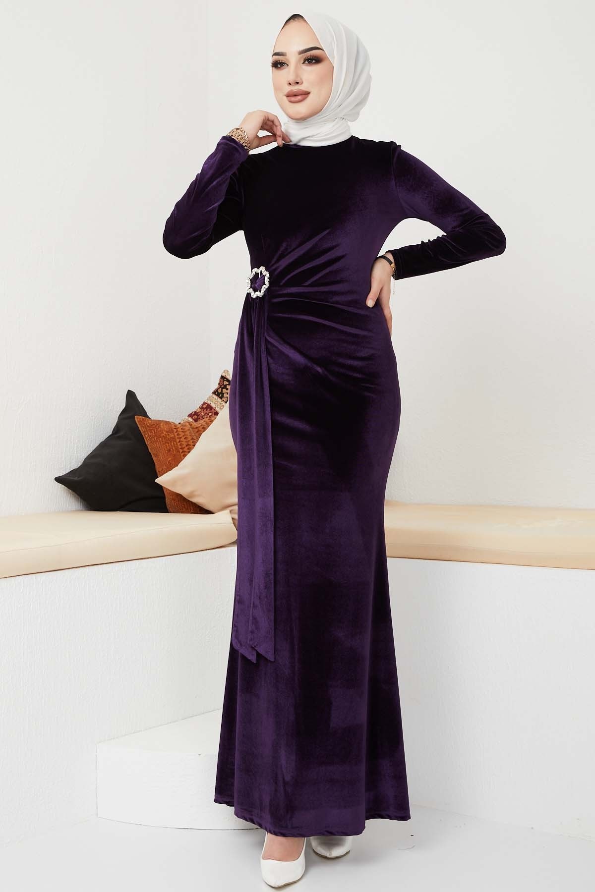 Kemerli Kadife Abiye - Mürdüm