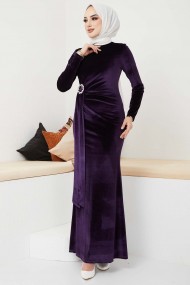 Kemerli Kadife Abiye - Mürdüm