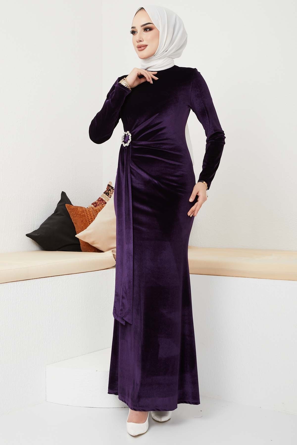 Kemerli Kadife Abiye - Mürdüm